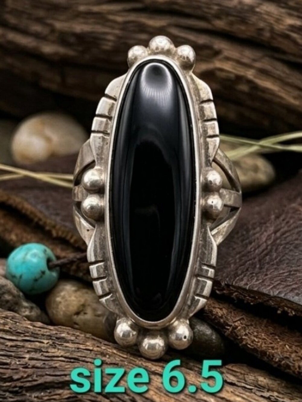 Vintage Navajo Sterling Silver Black Onyx Ring Size 6.5 Signed NAKAI